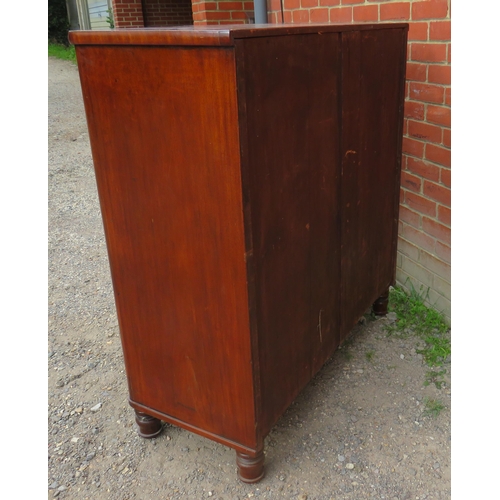 824 - A Victorian flame mahogany bow fronted chest of two short over three long graduated cock beaded draw... 