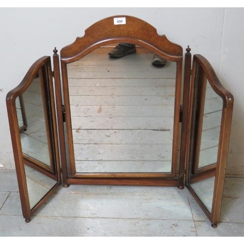 825 - An Edwardian mahogany three section folding swing vanity/table top mirror, surmounted by a walnut ve... 