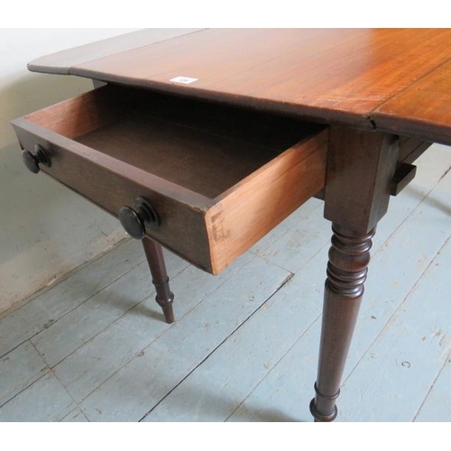 829 - A 19th Century mahogany drop leaf Pembroke table with a single drawer to one end over turned legs.
C... 