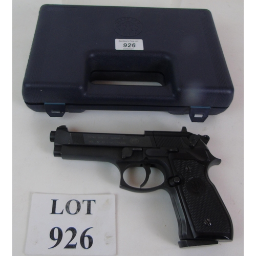 926 - Beretta CO2 pistol, model 92FS, Cal 177, Ser No H093498768, cased in manufacturers case. NO LICENSE.... 