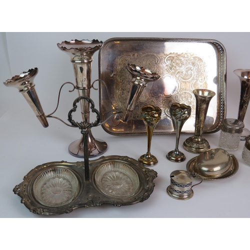 43 - A selection of 19th and 20th Century plated wares including a three trumpet Epergne, vases fruit bas... 