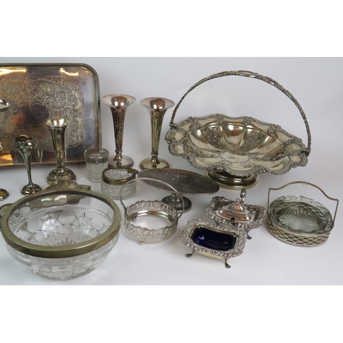 43 - A selection of 19th and 20th Century plated wares including a three trumpet Epergne, vases fruit bas... 