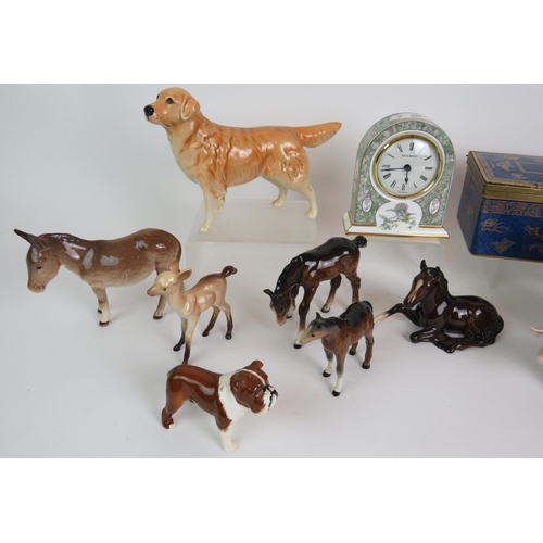 45 - A collection of seven Beswick pottery animals, a Wedgwood bone china clock, Copeland gilt decorated ... 