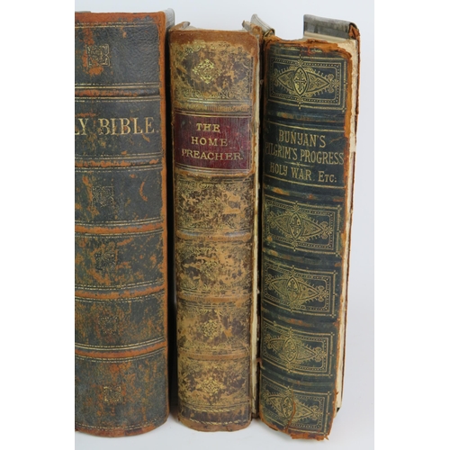 46 - Two large 19th Century leather bound family bibles, a leather bound copy of Bunyan's Pilgrims Progre... 