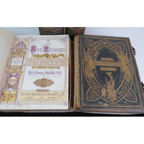 46 - Two large 19th Century leather bound family bibles, a leather bound copy of Bunyan's Pilgrims Progre... 