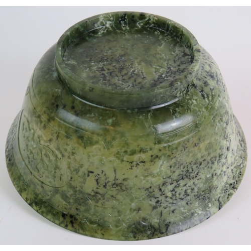 5 - A large Chinese carved spinach Jade bowl, 27cm in diameter, 12cm tall. Very finely carved to a thick... 