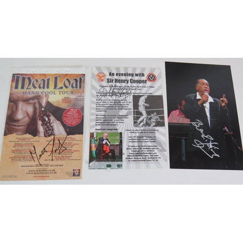 50 - An autographed limited edition photo of boxer John Conteh, two signed leaflets by Meatloaf and boxer... 