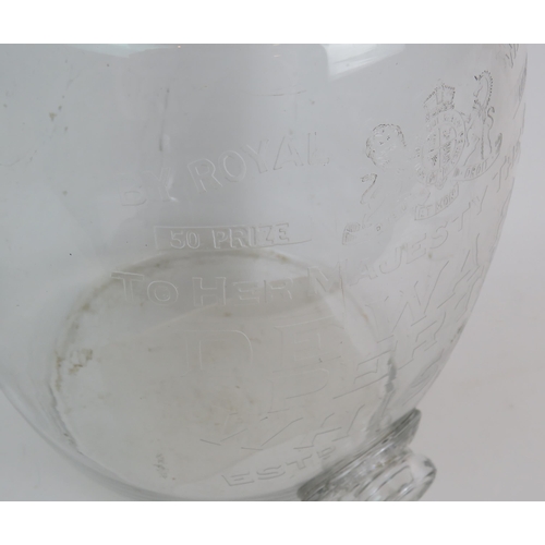 60 - A hand blown Victorian glass Dewar's Scotch Whisky barrel with engraved royal coat of arms and wordi... 