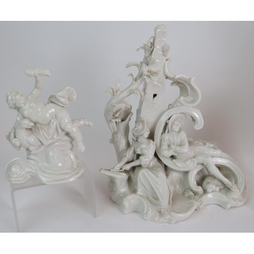 65 - A collection of ten German Nymphenburg white porcelain figures including three horse back huntsman, ... 