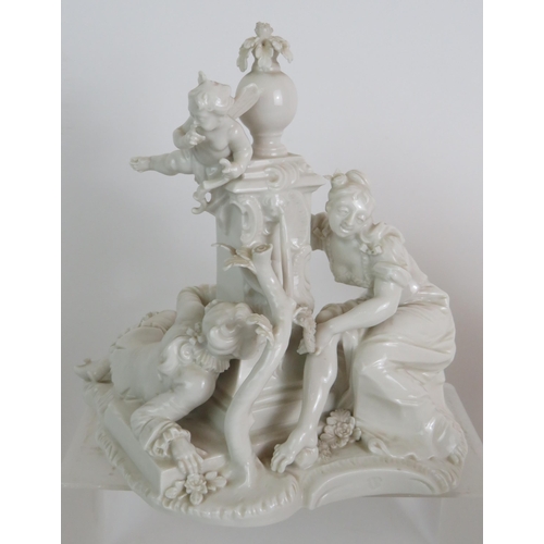 65 - A collection of ten German Nymphenburg white porcelain figures including three horse back huntsman, ... 