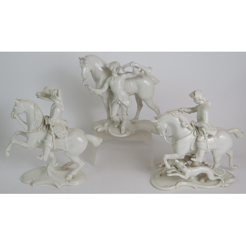 65 - A collection of ten German Nymphenburg white porcelain figures including three horse back huntsman, ... 