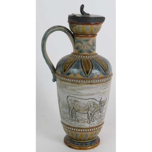 67 - A 19th Century Doulton Lambeth Arts and Crafts ewer by Hannah Barlow decoration with cattle and foli... 