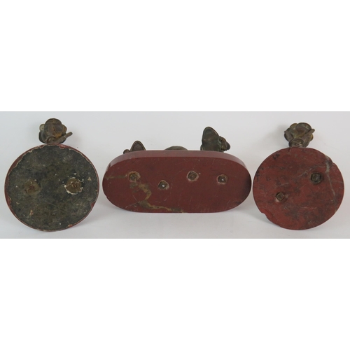 70 - An antique Anthropomorphic bronze inkwell set featuring two frogs carrying a snail shell accompanied... 