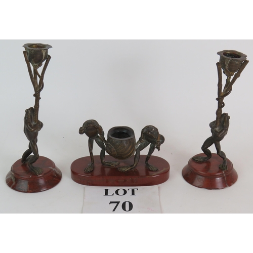 70 - An antique Anthropomorphic bronze inkwell set featuring two frogs carrying a snail shell accompanied... 