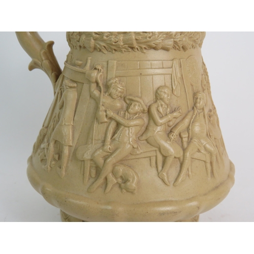 71 - A relief moulded Stoneware relief jug depicting Robert Burns' Tale of Tam O'Shanter incised to base.... 