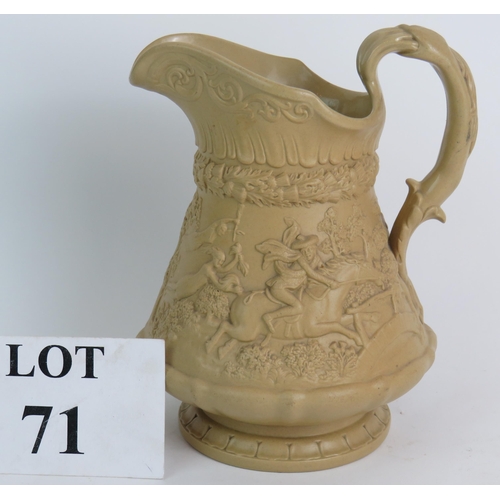 71 - A relief moulded Stoneware relief jug depicting Robert Burns' Tale of Tam O'Shanter incised to base.... 