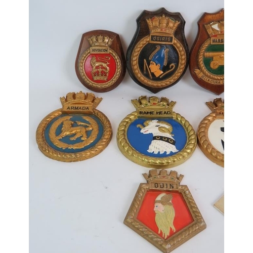 77 - Ten cast Naval ship's crest plaques, four on wooden mounts, including FATC, Odin, Enterprise Warspit... 