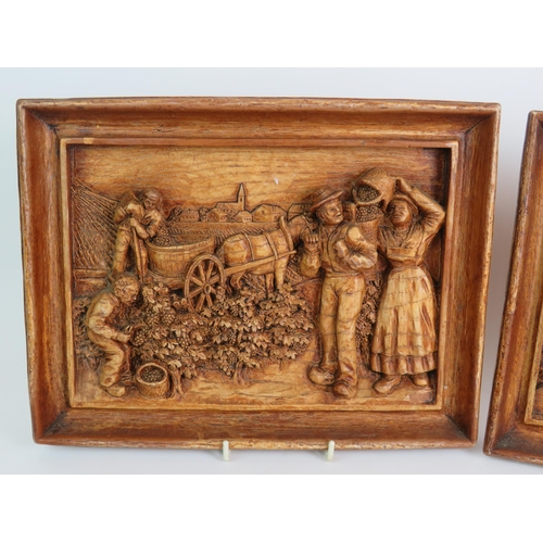 78 - A pair of vintage folk art carved oak style composite panels with deep relief scenes of fisher folk ... 