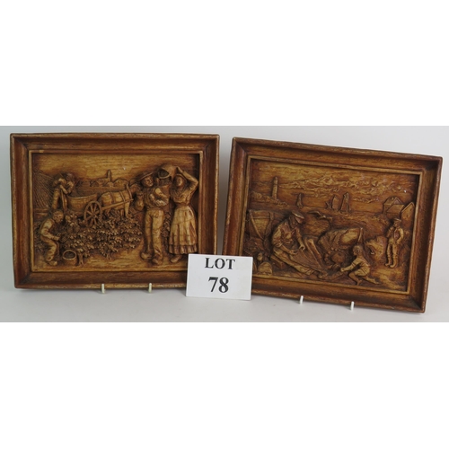 78 - A pair of vintage folk art carved oak style composite panels with deep relief scenes of fisher folk ... 