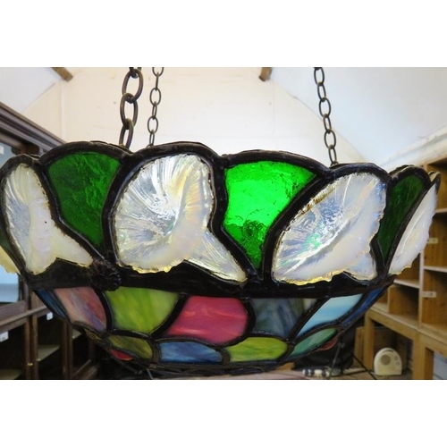 8 - A fine quality 20th Century Tiffany style plafonnier with multicoloured stained glass panels and a f... 