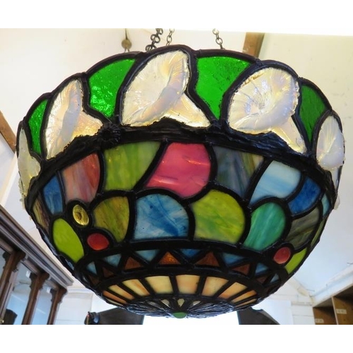 8 - A fine quality 20th Century Tiffany style plafonnier with multicoloured stained glass panels and a f... 