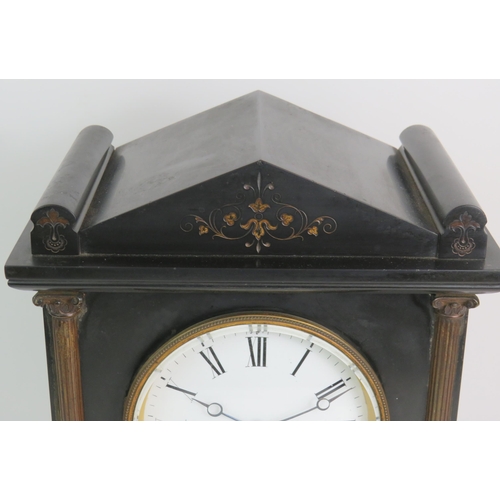 80 - A 19th Century black slate striking mantle clock by J W Benson, Ludgate Hill London. The case of pal... 