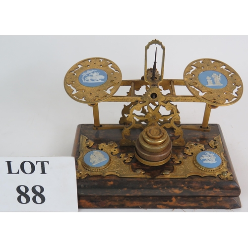 88 - A superb set of Victorian gilt brass postage scales by Sampson Mordon & Co with inset Jasperware med... 