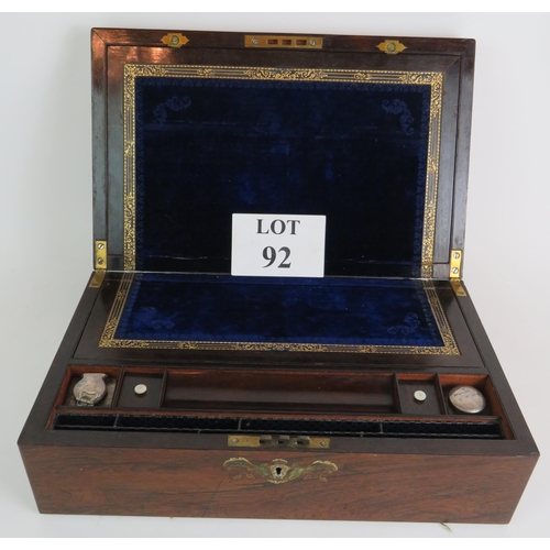 92 - A 19th Century inlaid rosewood writing slope with mother of pearl and abalone shell escutcheon and c... 