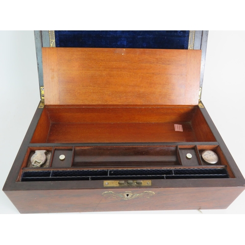 92 - A 19th Century inlaid rosewood writing slope with mother of pearl and abalone shell escutcheon and c... 