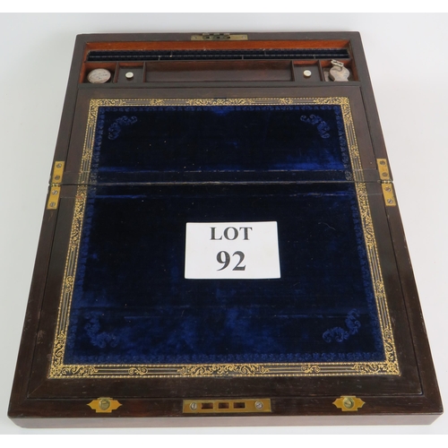 92 - A 19th Century inlaid rosewood writing slope with mother of pearl and abalone shell escutcheon and c... 