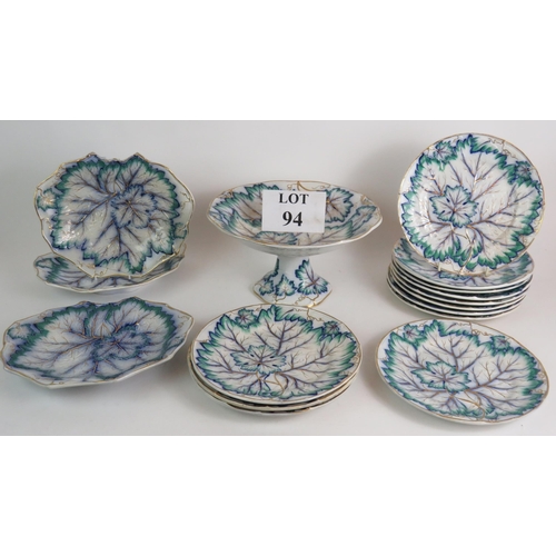 94 - An 18 piece Davenport Pottery dessert service with vine leaf decoration, date marked 1852. 12 plates... 