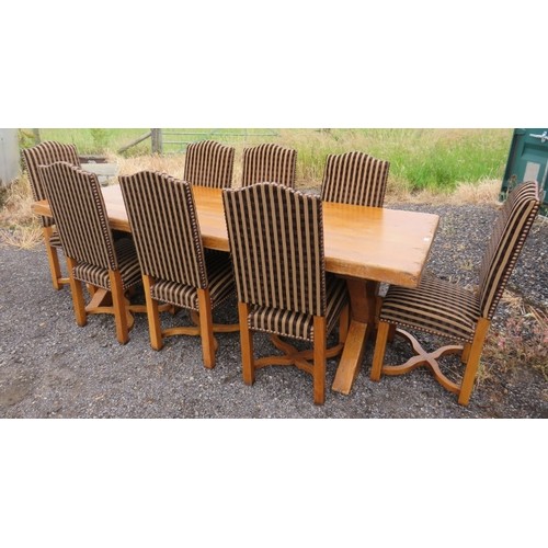 720 - A large light oak refectory style dining table with end extensions, raised on 'X' frame end supports... 