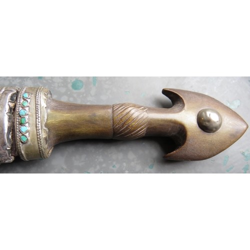 108 - An antique Eastern curved dagger with white metal scabbard and turquoise inlaid horn handle plus an ... 