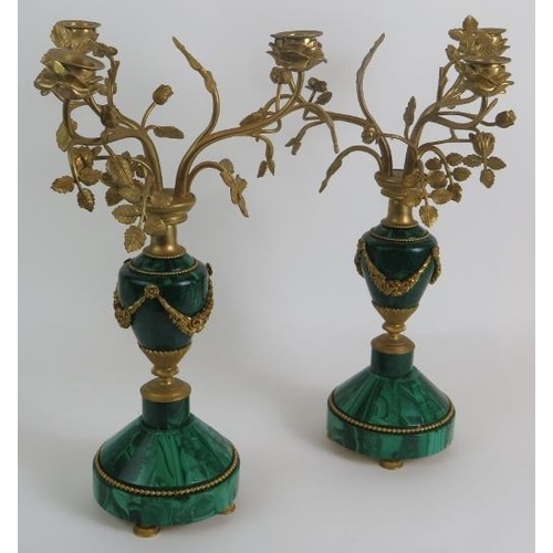 1 - A pair of antique French Malachite bronze Ormulu mounted candelabra each with rose form three branch... 