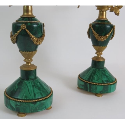 1 - A pair of antique French Malachite bronze Ormulu mounted candelabra each with rose form three branch... 