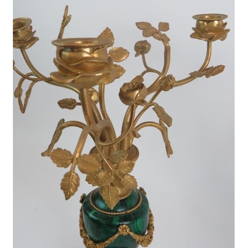 1 - A pair of antique French Malachite bronze Ormulu mounted candelabra each with rose form three branch... 
