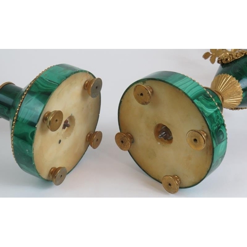 1 - A pair of antique French Malachite bronze Ormulu mounted candelabra each with rose form three branch... 