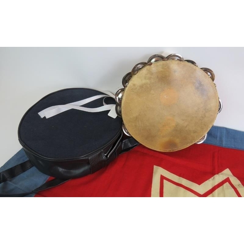 100 - A 1937 Salvation Army 'The Enthusiasts' flag 90cm x 68cm, a vintage 1970s Tambourine with case and a... 