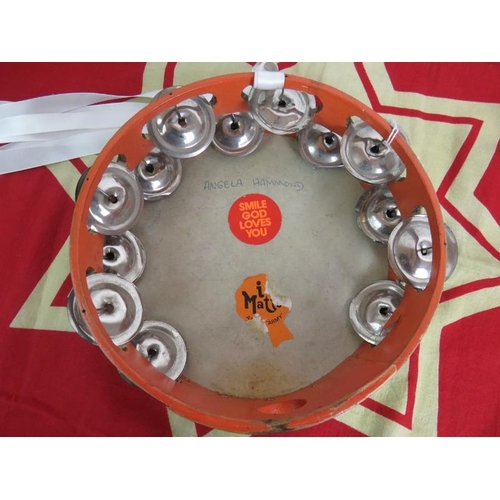 100 - A 1937 Salvation Army 'The Enthusiasts' flag 90cm x 68cm, a vintage 1970s Tambourine with case and a... 