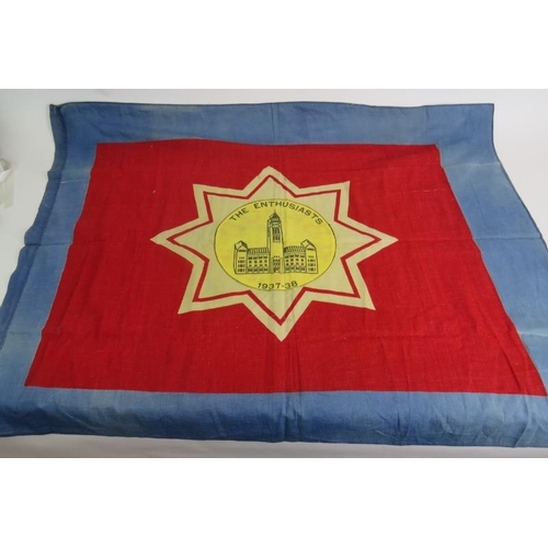 100 - A 1937 Salvation Army 'The Enthusiasts' flag 90cm x 68cm, a vintage 1970s Tambourine with case and a... 
