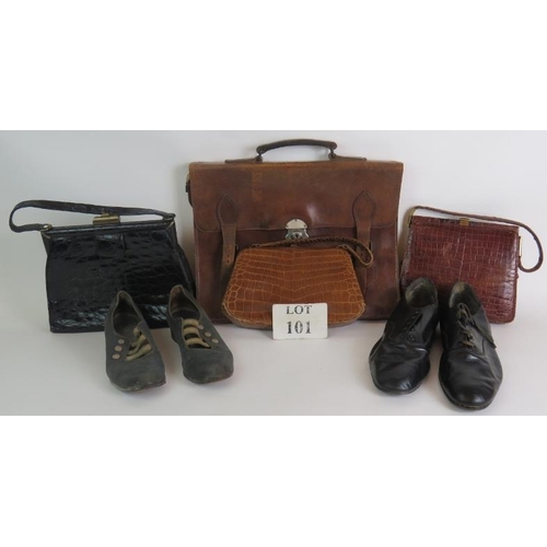101 - Three vintage leather Mock croc hand bags, a vintage leather briefcase and two pairs of vintage leat... 