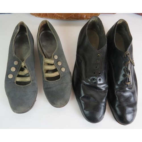 101 - Three vintage leather Mock croc hand bags, a vintage leather briefcase and two pairs of vintage leat... 