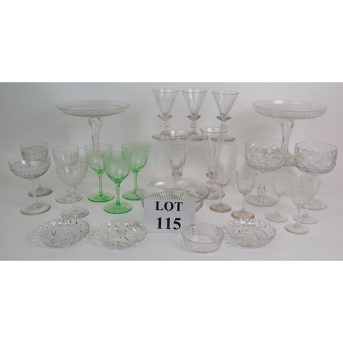 115 - A selection of early 19th to early 20th Century drinking glasses and glassware including two hollow ... 