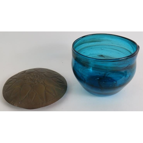 85 - Two antique Chinese porcelain hand decorated dishes both marked to base, plus a blue studio glass bo... 