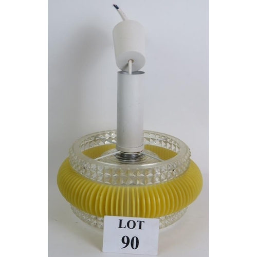 90 - A mid century glass and Perspex space age UFO inspired ceiling light with vibrant yellow shade. Diam... 
