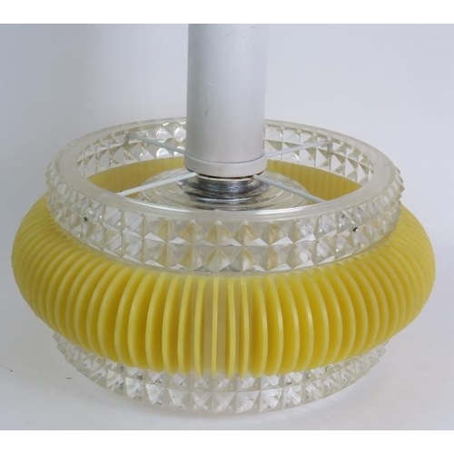 90 - A mid century glass and Perspex space age UFO inspired ceiling light with vibrant yellow shade. Diam... 