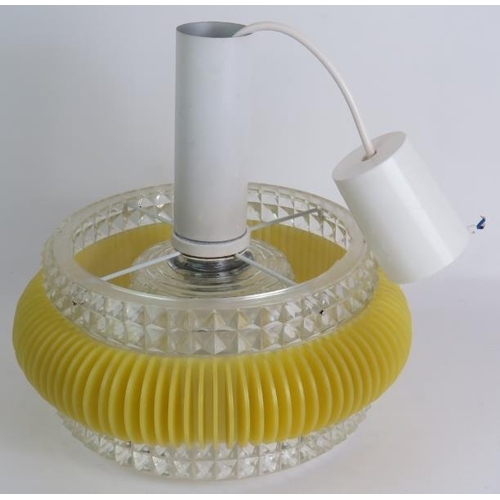 90 - A mid century glass and Perspex space age UFO inspired ceiling light with vibrant yellow shade. Diam... 
