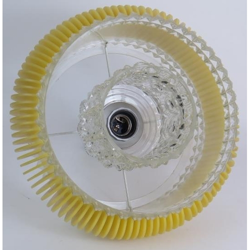 90 - A mid century glass and Perspex space age UFO inspired ceiling light with vibrant yellow shade. Diam... 
