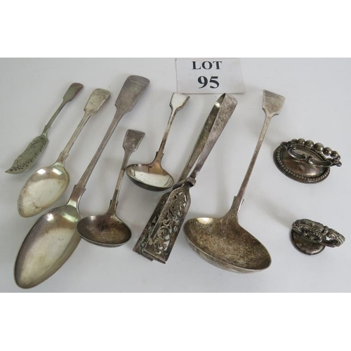 95 - A quantity of good quality antique silver plated flat ware  including a pair of asparagus tongs and ... 