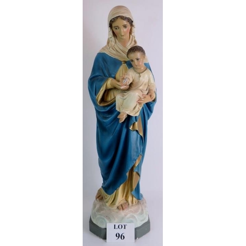 96 - A large vintage plaster figure of the Madonna and child painted in polychrome colours. Height 81cm. ... 